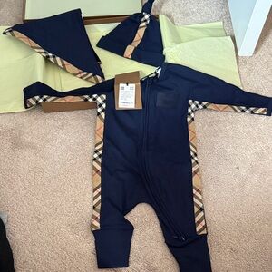 Burberry Navy Blue and Beige Check Baby Footed One-Piece